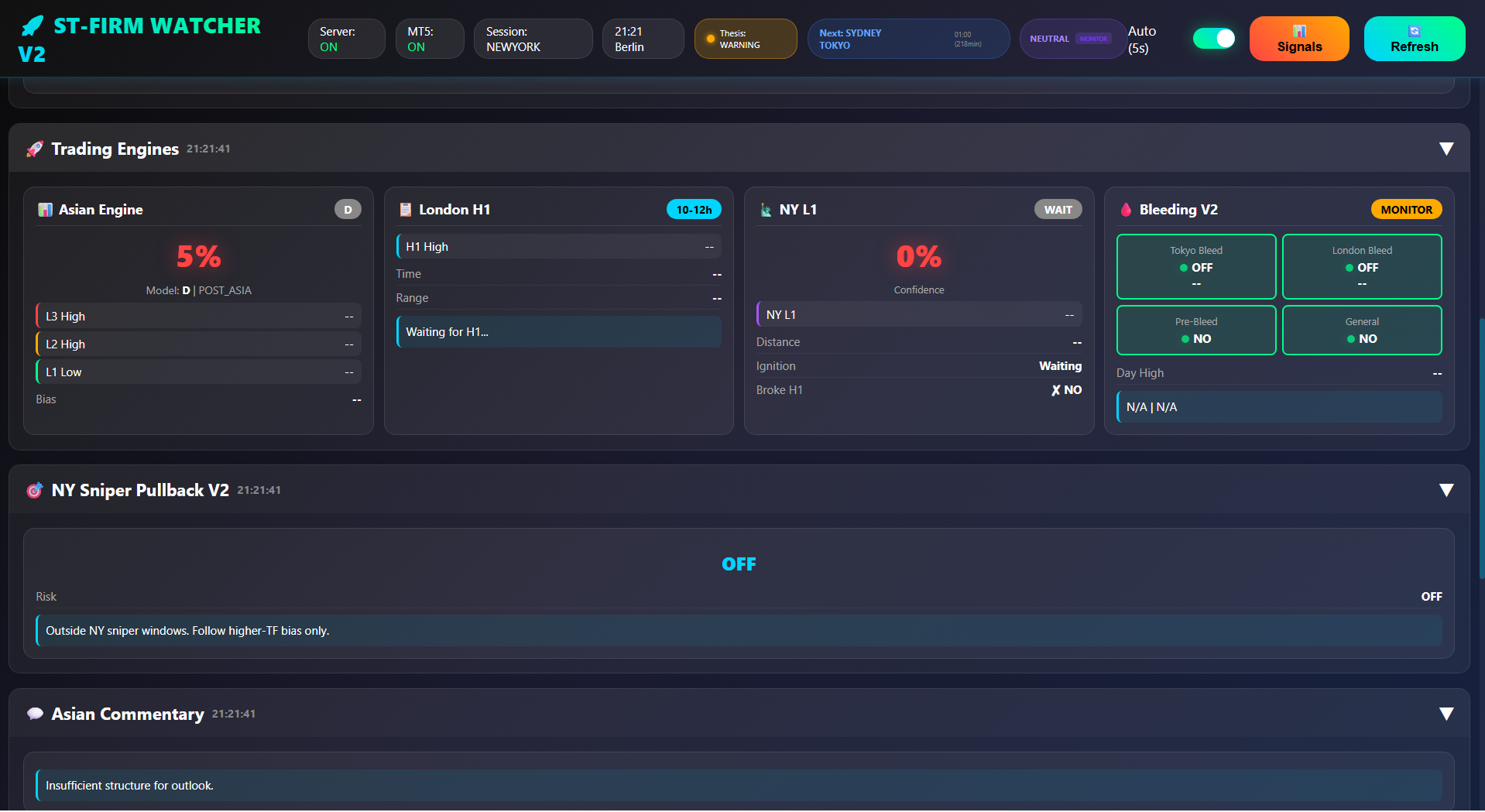 Historical Watcher operator interface showing programme state and market-session panels